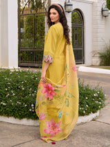 Women's Yellow Embroidered Anarkali Kurta Pant With Dupatta Set