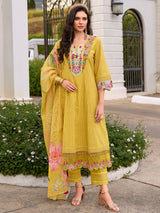 Women's Yellow Embroidered Anarkali Kurta Pant With Dupatta Set
