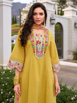 Women's Yellow Embroidered Anarkali Kurta Pant With Dupatta Set