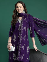 Women's Purple Printed Straight Kurta Trouser With Dupatta set