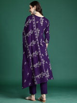 Women's Purple Printed Straight Kurta Trouser With Dupatta set