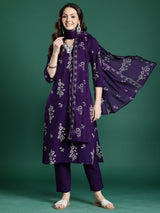 Women's Purple Printed Straight Kurta Trouser With Dupatta set