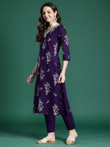 Women's Purple Printed Straight Kurta Trouser With Dupatta set