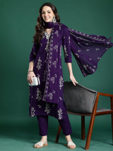 Women's Purple Printed Straight Kurta Trouser With Dupatta set