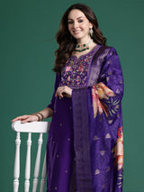Women's Purple Embroidered Straight Kurta Trouser With Dupatta set