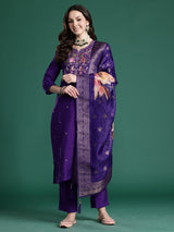 Women's Purple Embroidered Straight Kurta Trouser With Dupatta set