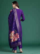 Women's Purple Embroidered Straight Kurta Trouser With Dupatta set