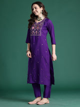 Women's Purple Embroidered Straight Kurta Trouser With Dupatta set