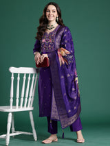 Women's Purple Embroidered Straight Kurta Trouser With Dupatta set