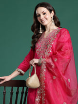 Women's Pink Embroidered Straight Kurta Trouser With Dupatta set