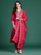 Women's Pink Embroidered Straight Kurta Trouser With Dupatta set