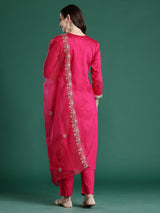 Women's Pink Embroidered Straight Kurta Trouser With Dupatta set