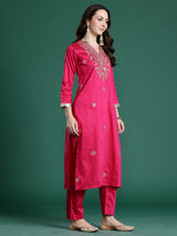 Women's Pink Embroidered Straight Kurta Trouser With Dupatta set