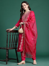 Women's Pink Embroidered Straight Kurta Trouser With Dupatta set