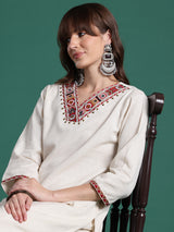 Women's Off White Embroidered Straight Kurta Palazzo Set