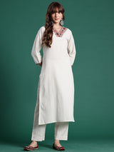 Women's Off White Embroidered Straight Kurta Palazzo Set