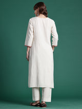 Women's Off White Embroidered Straight Kurta Palazzo Set