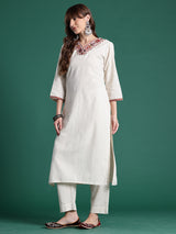 Women's Off White Embroidered Straight Kurta Palazzo Set