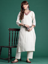 Women's Off White Embroidered Straight Kurta Palazzo Set