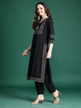 Women's Black Printed Straight Kurta Trouser With Dupatta set
