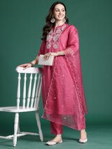 Women's Pink Solid Straight Kurta Trouser With Dupatta set
