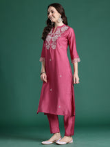 Women's Pink Solid Straight Kurta Trouser With Dupatta set