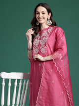 Women's Pink Solid Straight Kurta Trouser With Dupatta set