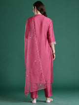 Women's Pink Solid Straight Kurta Trouser With Dupatta set