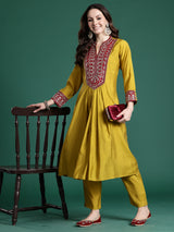 Women's Green Embroidered A-Line Kurta Trouser Set