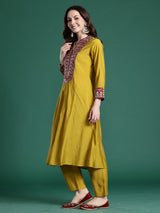 Women's Green Embroidered A-Line Kurta Trouser Set