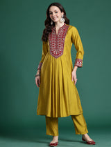 Women's Green Embroidered A-Line Kurta Trouser Set