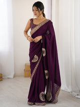 Women's Vichitra Silk Purple Embellished Designer Saree with Blouse Piece