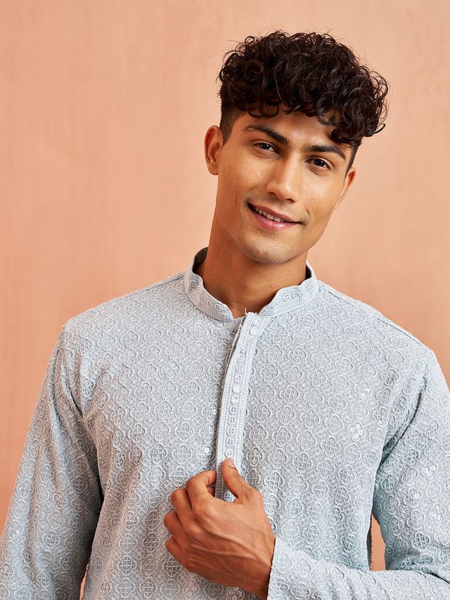 Men's Blue Aqua Schiffli Embroidered Rayon Kurta