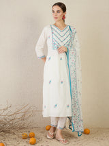 Women's White Embroidered Straight Kurta Trouser With Dupatta set