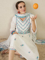 Women's White Embroidered Straight Kurta Trouser With Dupatta set