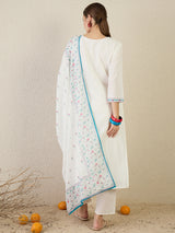 Women's White Embroidered Straight Kurta Trouser With Dupatta set