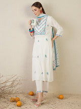 Women's White Embroidered Straight Kurta Trouser With Dupatta set