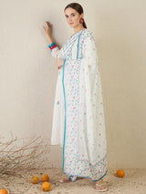 Women's White Embroidered Straight Kurta Trouser With Dupatta set