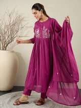 Women's Burgundy Embroidered Anarkali Kurta Trouser With Dupatta Set