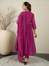 Women's Burgundy Embroidered Anarkali Kurta Trouser With Dupatta Set