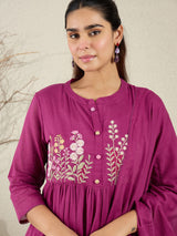 Women's Burgundy Embroidered Anarkali Kurta Trouser With Dupatta Set