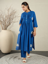 Women's Blue Embroidered A-Line Kurta Trousers Set