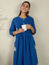 Women's Blue Embroidered A-Line Kurta Trousers Set