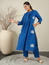 Women's Blue Embroidered A-Line Kurta Trousers Set