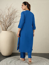 Women's Blue Embroidered A-Line Kurta Trousers Set