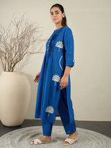 Women's Blue Embroidered A-Line Kurta Trousers Set