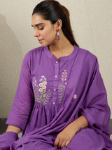 Women's Purple Embroidered Anarkali Kurta Trousers With Dupatta Set
