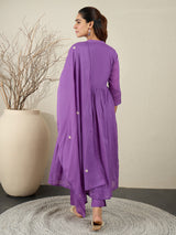 Women's Purple Embroidered Anarkali Kurta Trousers With Dupatta Set