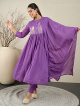 Women's Purple Embroidered Anarkali Kurta Trousers With Dupatta Set