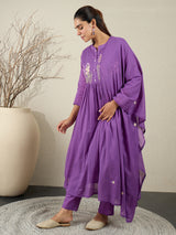 Women's Purple Embroidered Anarkali Kurta Trousers With Dupatta Set